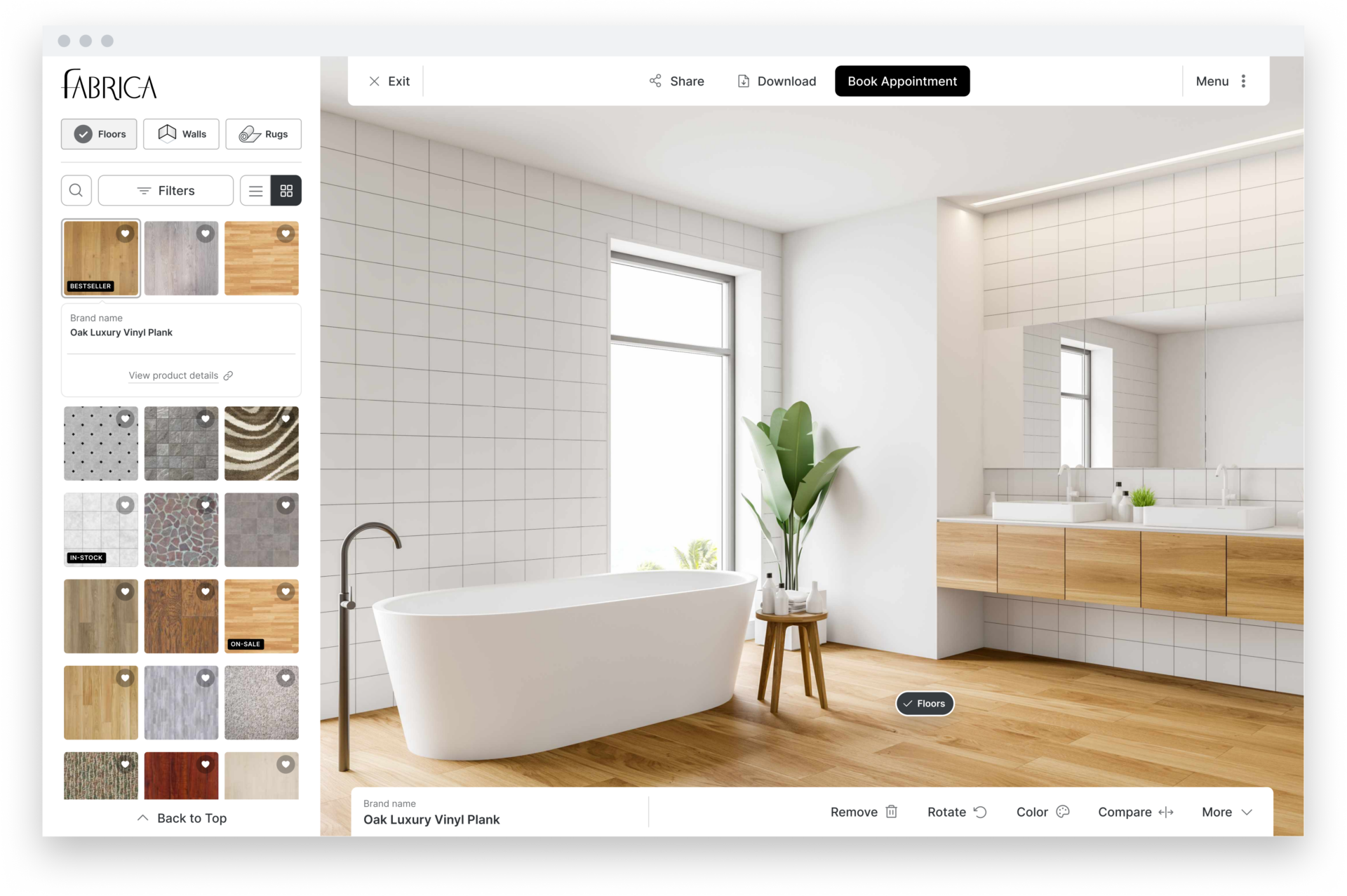 Fabrica room visualizer showing a bathroom with oak luxury vinyl plank flooring