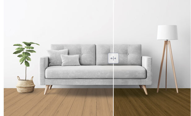 Before and after view of a room with new flooring in the visualizer